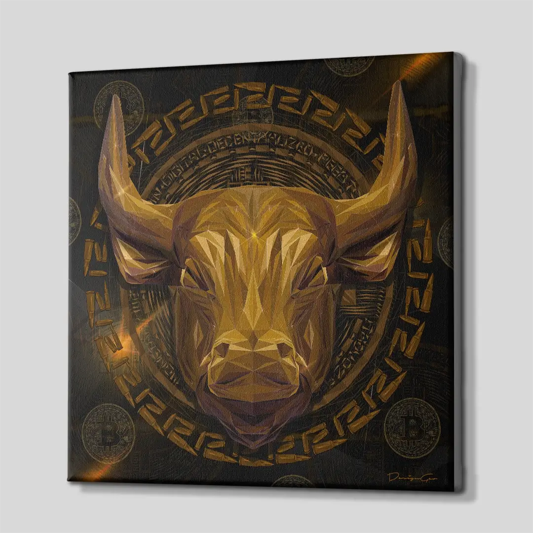 Side angle of the geometric golden bull canvas print, showcasing the professional gallery wrap and the high-quality wooden frame depth