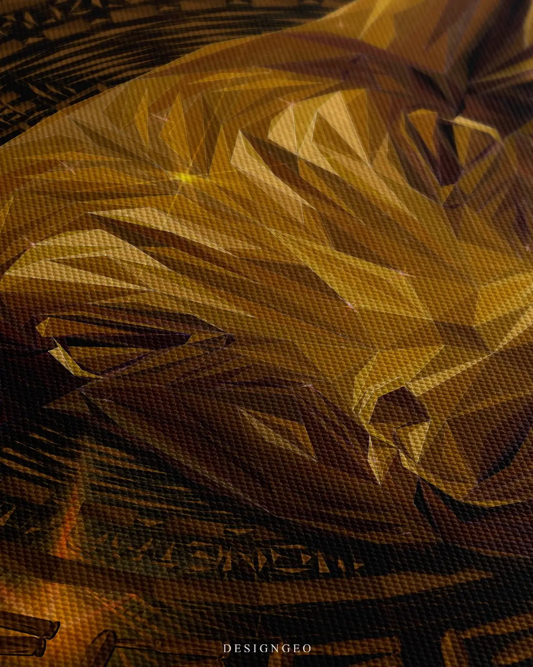 Close-up of a geometric golden bull head on canvas, showing the intricate metallic facets and oil paint textures against a black background