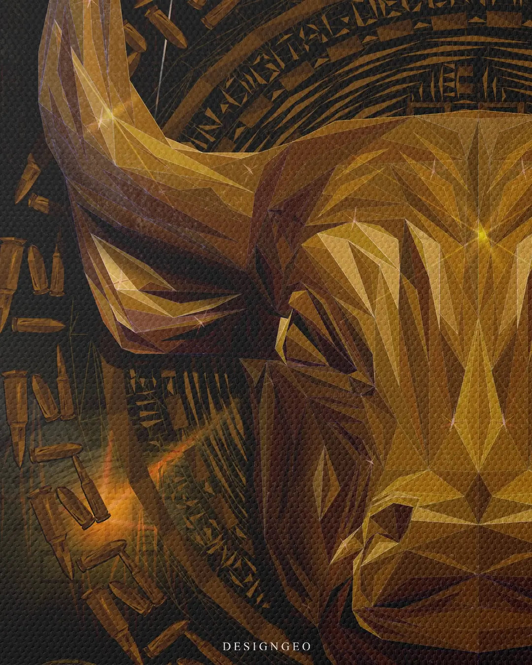 Minimalist luxury illustration of a golden bull head made of geometric shapes, symbolizing strength and a bullish market on a solid black backdrop