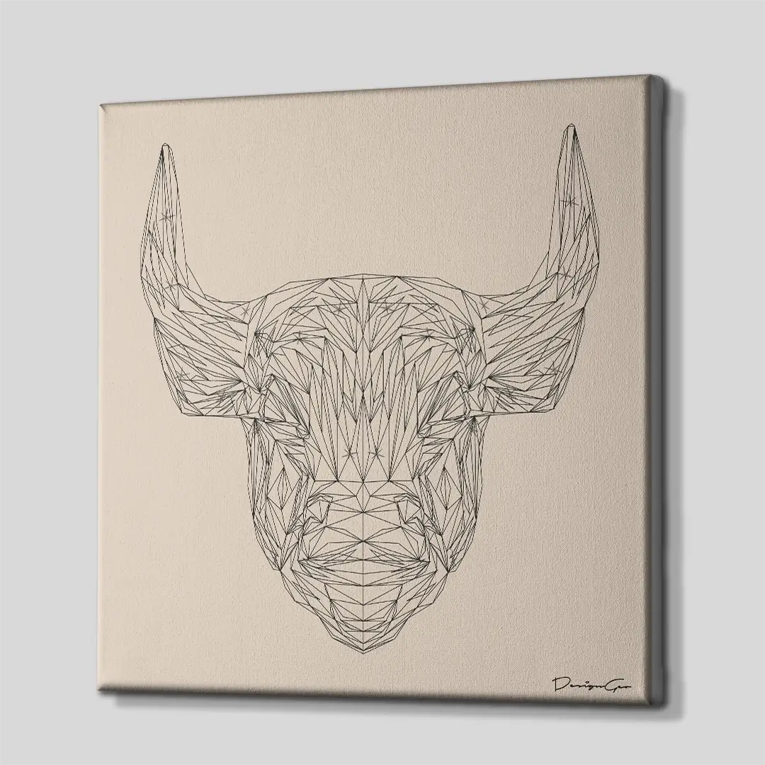 Side angle of the minimalist black line bull canvas print, highlighting the high-quality gallery wrap finish and the professional 3D depth of the wooden frame
