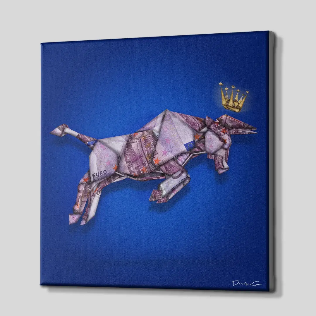 Side angle of the crowned origami bull canvas print, highlighting the high-quality gallery wrap finish and the professional 3D frame depth