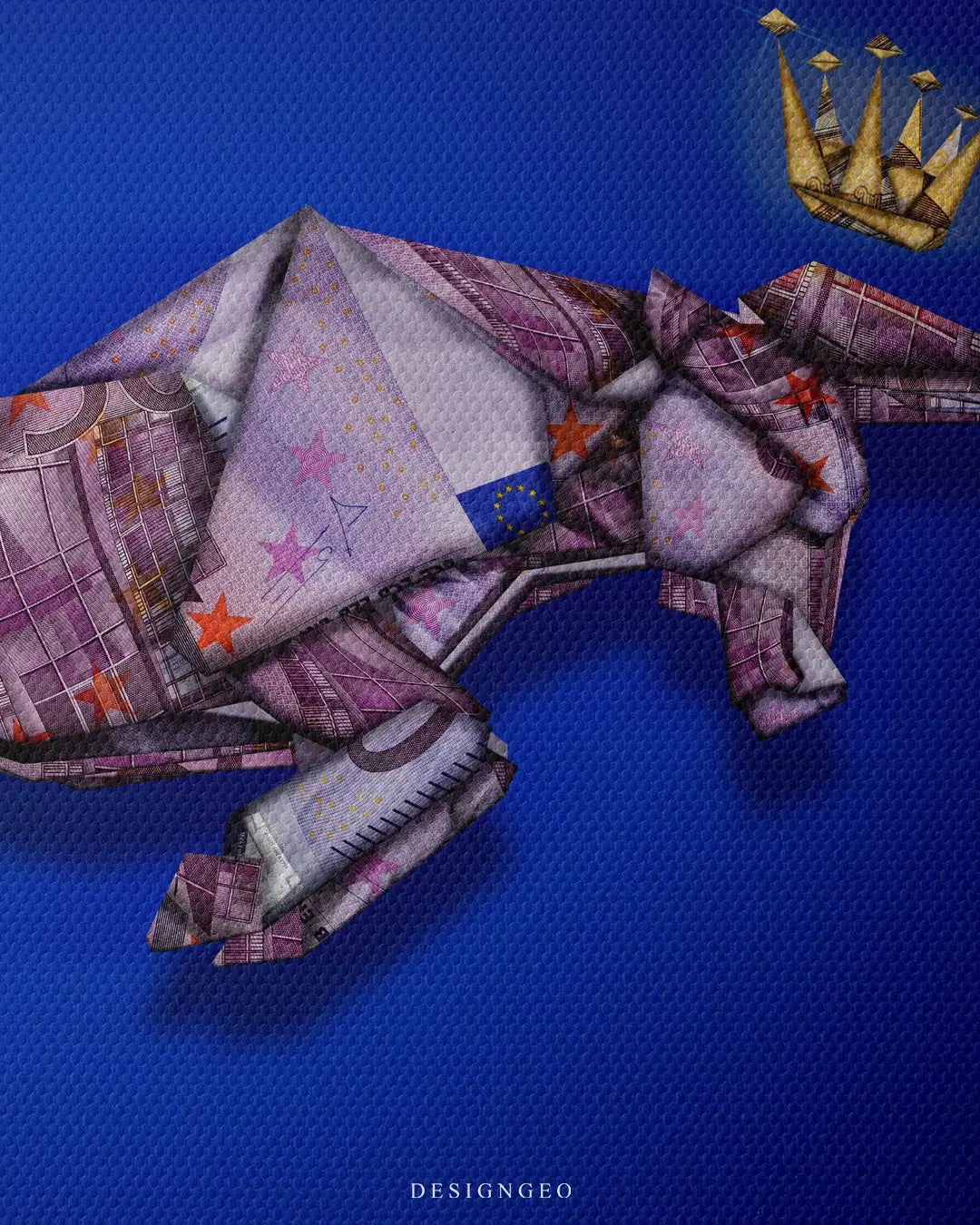 Artistic canvas illustration of a charging Euro origami bull with a royal crown, symbolizing financial strength, market dominance, and success for Forex and stock traders in a modern minimalist style