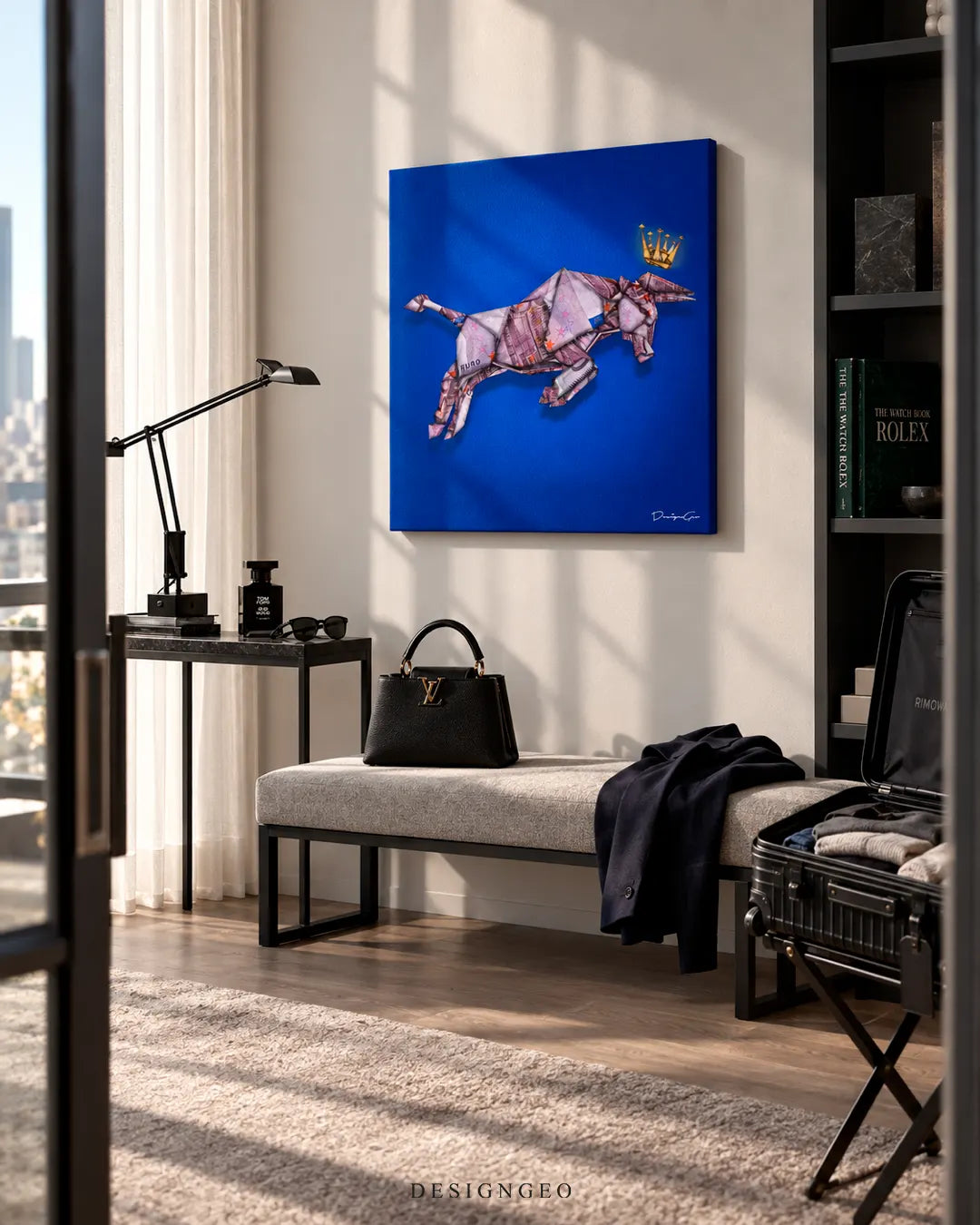 Modern luxury home office entry featuring a square canvas print of a charging origami bull made of euro bills with a gold crown on a vibrant blue wall above an upholstered bench