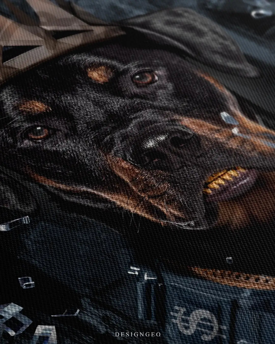 Close-up of a canvas wall art featuring a dog portrait with a golden crown, showing detailed black spray paint outlines and canvas texture