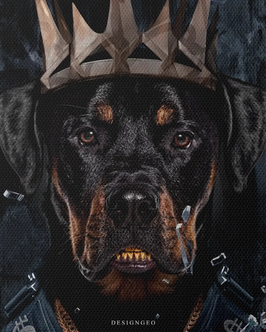 Detailed frontal shot of a majestic dog character with a street-style crown and vibrant paint splatters, printed on a high-quality gallery-wrapped canvas
