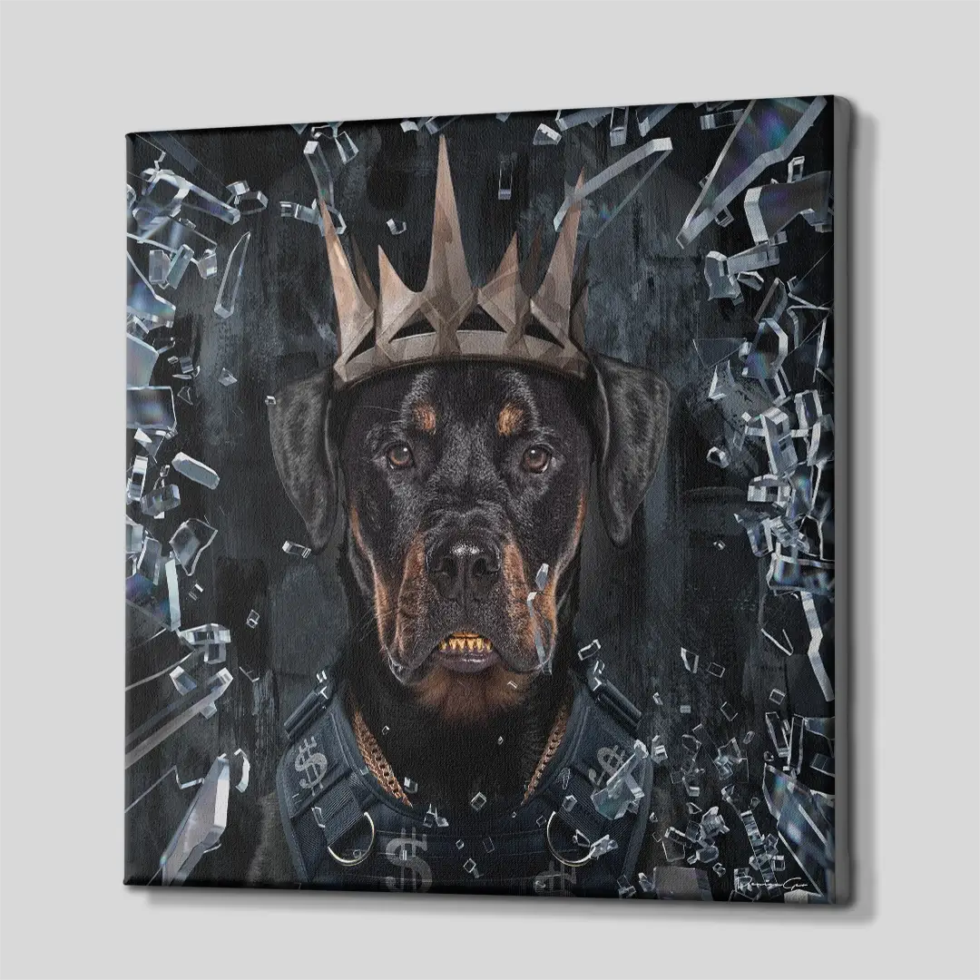Side perspective of a square urban dog canvas print, showing the seamless gallery-wrapped edges and the depth of the professional wooden frame