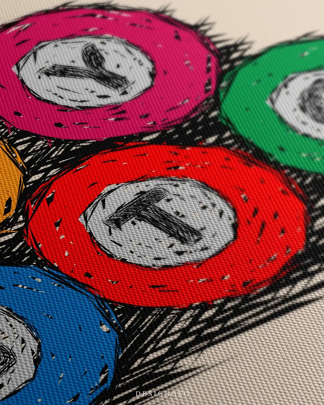 Close-up of modern crypto wall art featuring colorful pool balls arranged with the phrase "Buy BTC" on a minimalist beige background