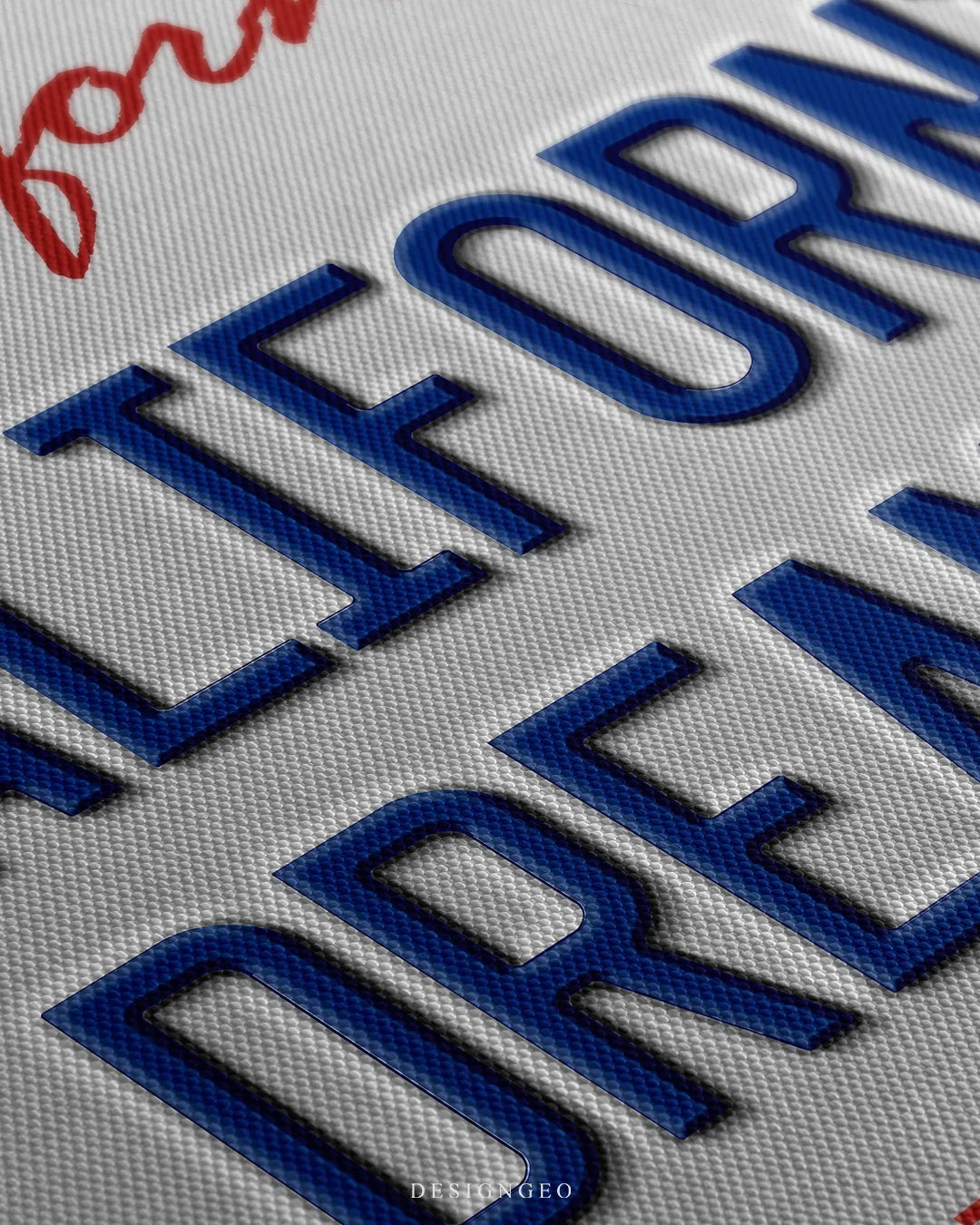 Angled close-up detail shot highlighting the 3D embossed blue lettering, red cursive script, subtle metallic surface shadows, and fine woven canvas fabric texture