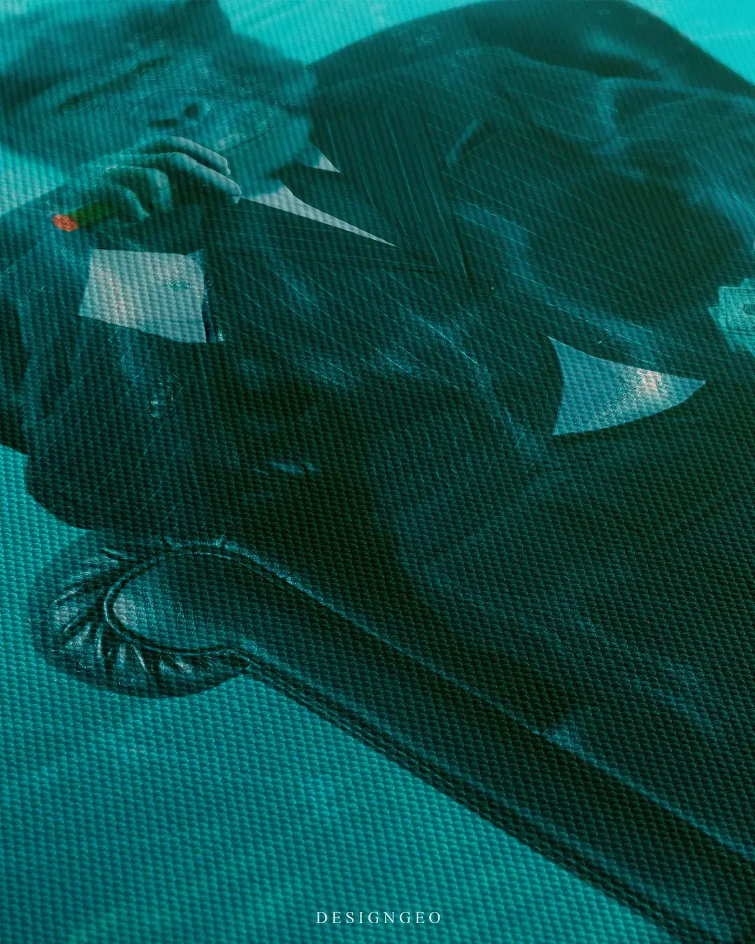 Detailed close-up of a canvas wall art featuring a primate in a suit smoking a cigar underwater, highlighting vibrant bubbles and the high-quality canvas texture