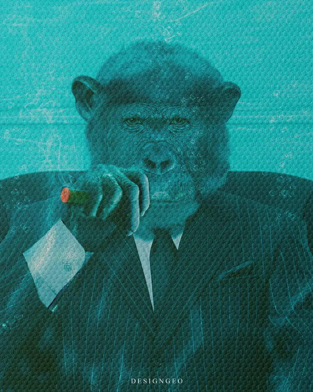Frontal close-up of a sophisticated primate character wearing a pinstripe suit and gold rings, exhaling smoke bubbles in an underwater setting on a gallery-wrapped canvas.