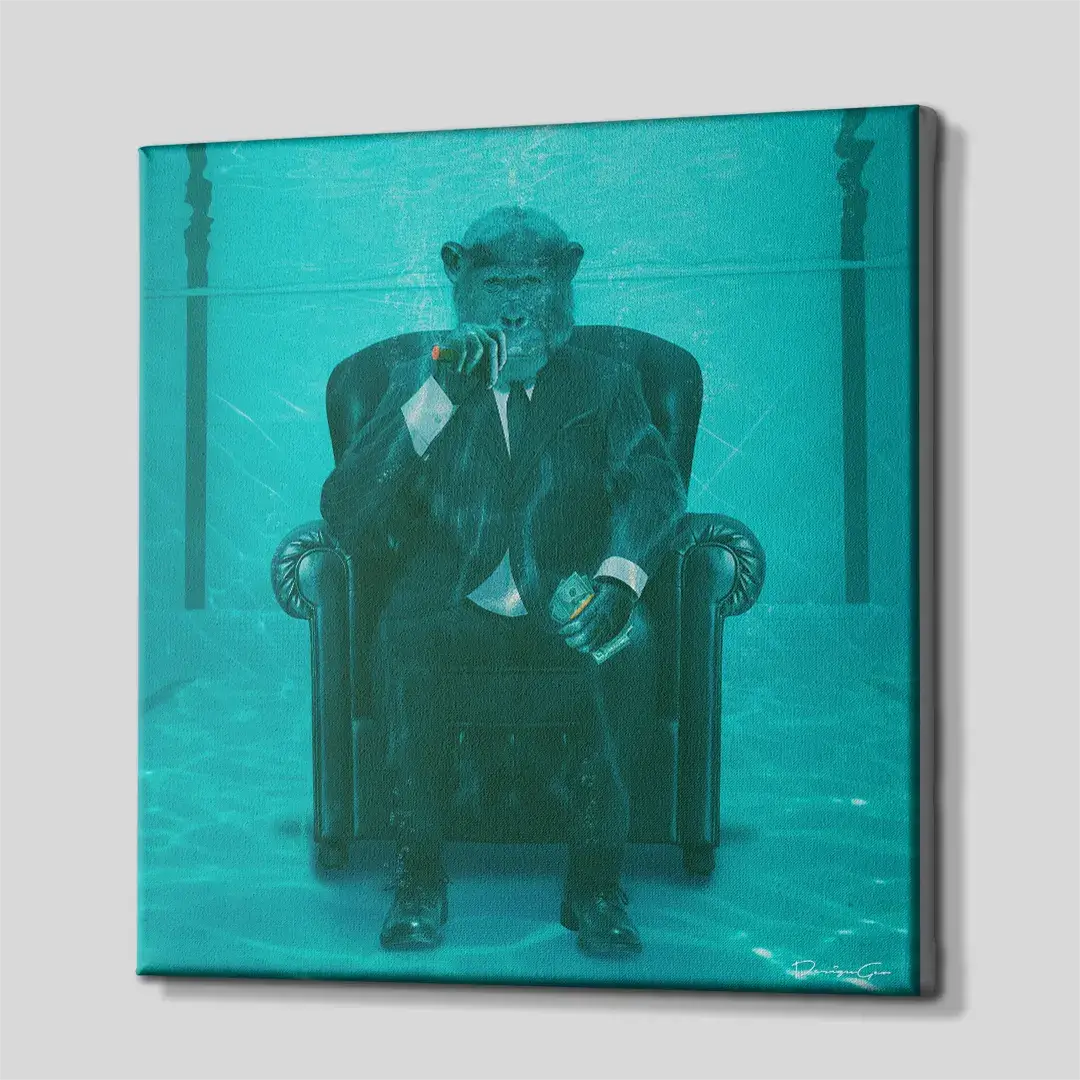 Side perspective of a square canvas print showing the gallery-wrapped edges where the underwater primate artwork continues seamlessly around the frame.
