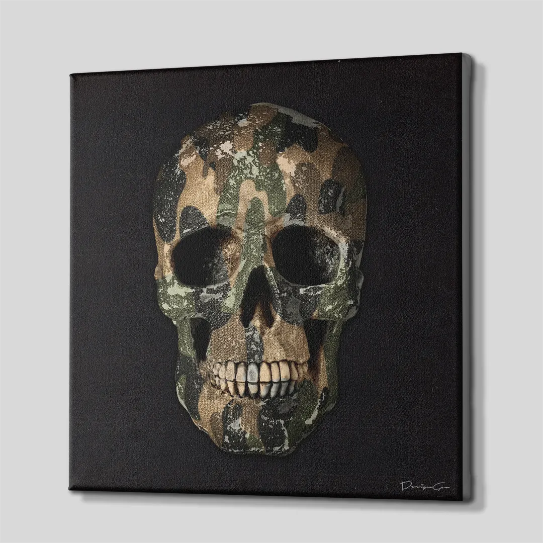 Three-quarter side angle of the military camo skull canvas print showing gallery-wrapped solid black edges mounted on a wooden frame
