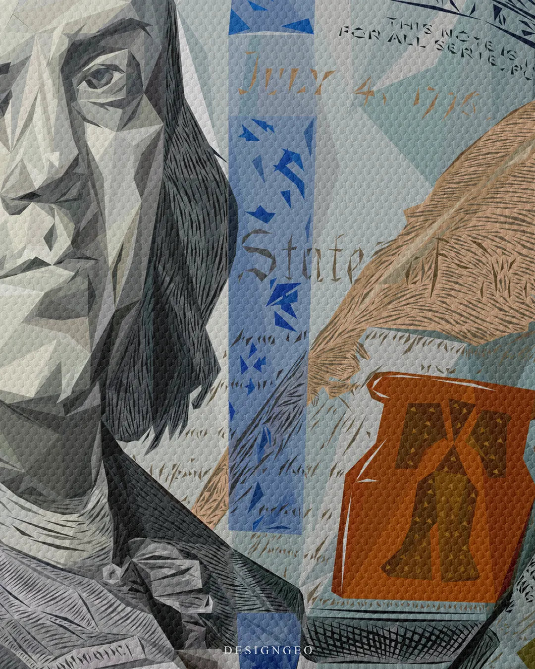 Macro close-up texture of hundred dollar bill lollipop wrapper showing Benjamin Franklin low poly portrait and blue security ribbon canvas wall art 0.75 inch thin wrap