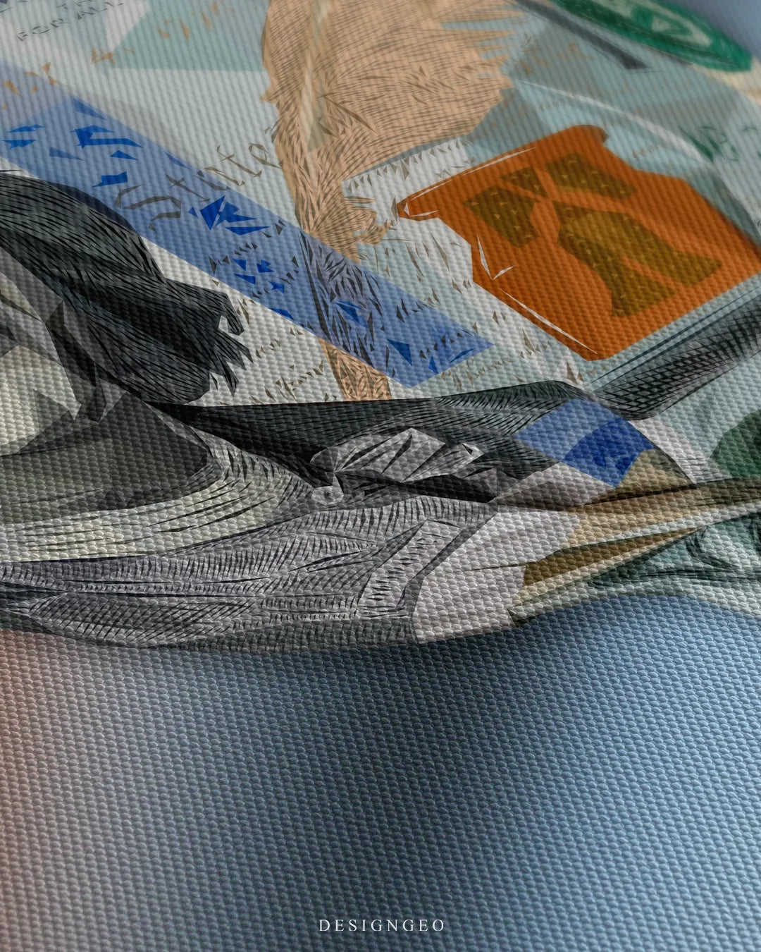 Detailed texture close-up of woven canvas print showing geometric low poly 100 dollar bill lollipop design with copper inkstand emblem