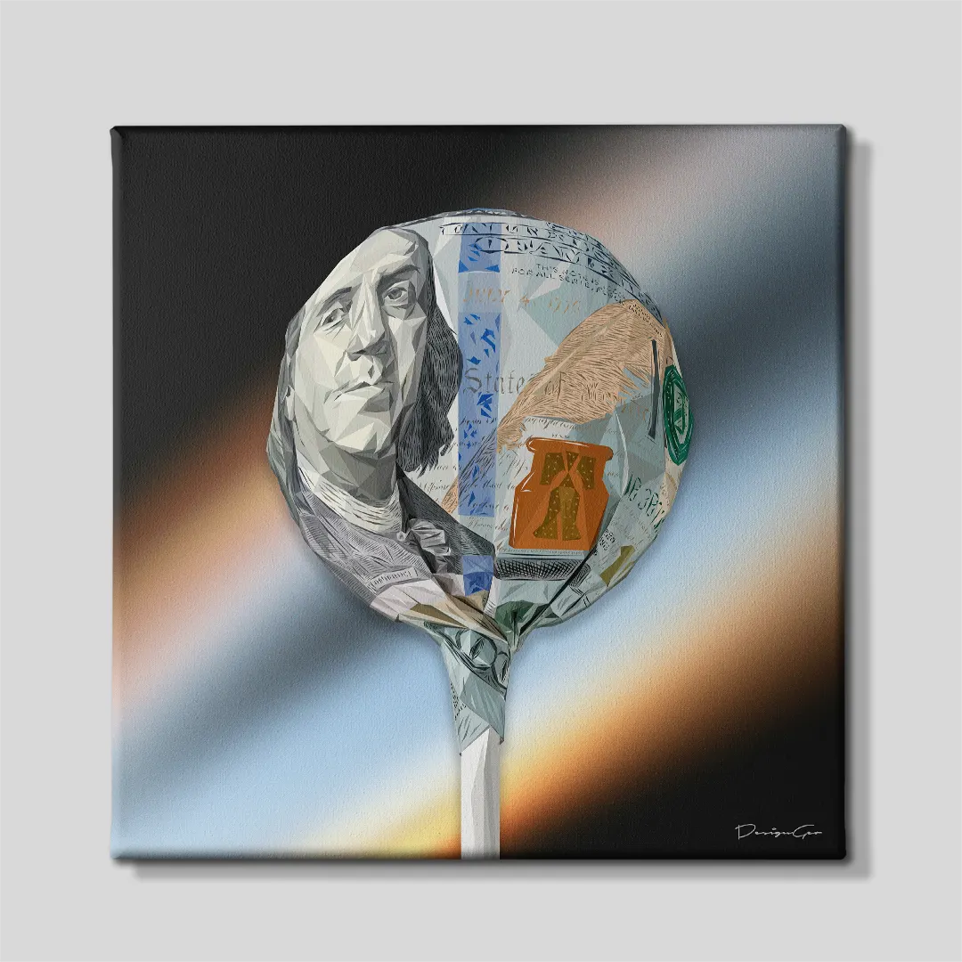 One hundred dollar bill lollipop wrapped candy surreal pop art square canvas print front view on gradient light background 0.75 inch thin wrap