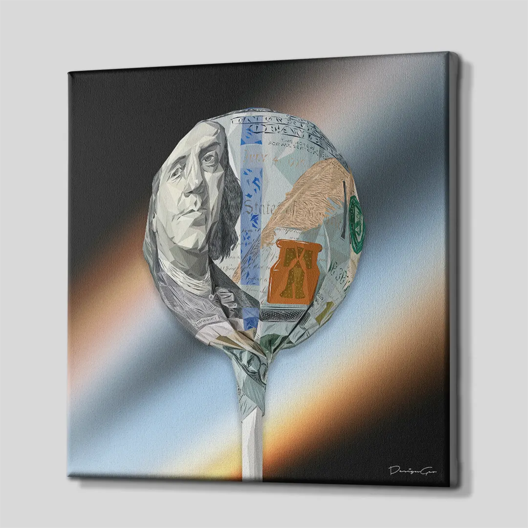 Side perspective view of square canvas wall art featuring 100 dollar bill lollipop pop art illustration with black wrapped edges 0.75 inch thin wrap