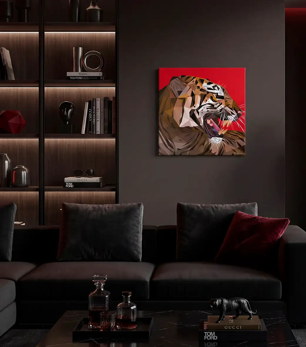 Luxury minimalist living room interior featuring a square geometric tiger canvas print on a dark grey wall above a black modern sofa, styled with premium backlit shelving and a marble table