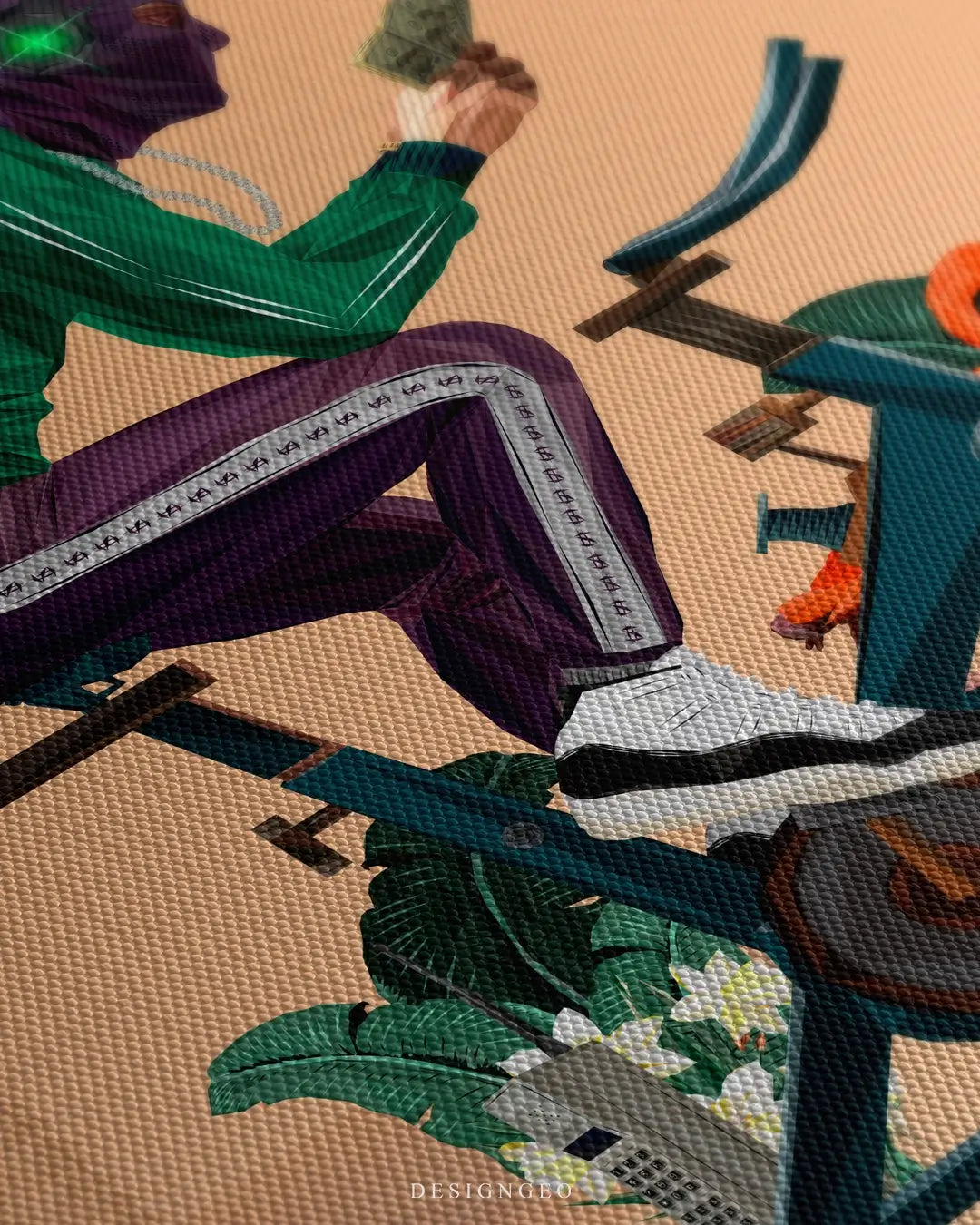 Close-up of modern motivational wall art featuring a mysterious bandit counting stacks of dollar bills while riding a stationary bike in a luxury Miami setting