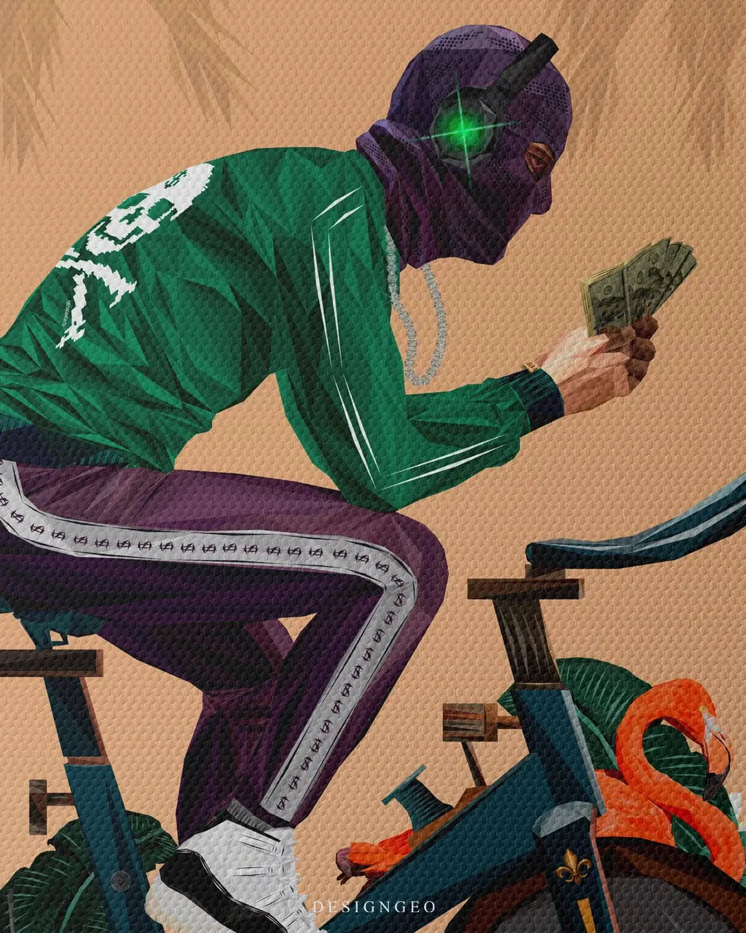 Artistic canvas illustration of a bandit on an exercise bike holding cash, symbolizing the daily grind and multitasking required for ultimate financial success