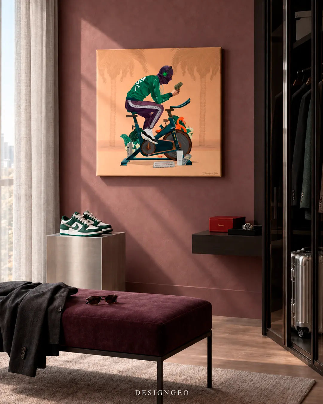 Luxury walk-in closet featuring a square canvas print of a cyclist counting money on a stationary bike mounted on a dusty rose wall above a velvet bench