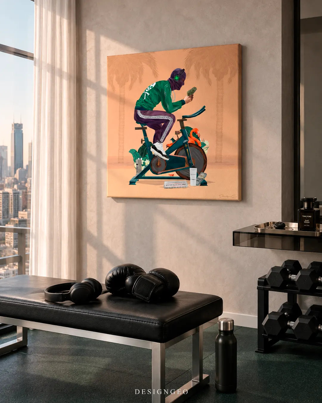 High-rise luxury home gym featuring a square canvas print of a masked cyclist riding a stationary bike while counting cash mounted on a beige wall above weight racks