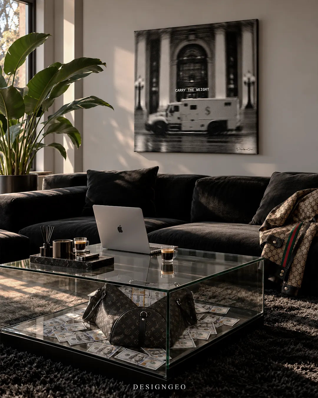 Carry The Weight armored truck motion blur square canvas wall art mounted on wall in luxury living room above black sofa 0.75 inch thin wrap