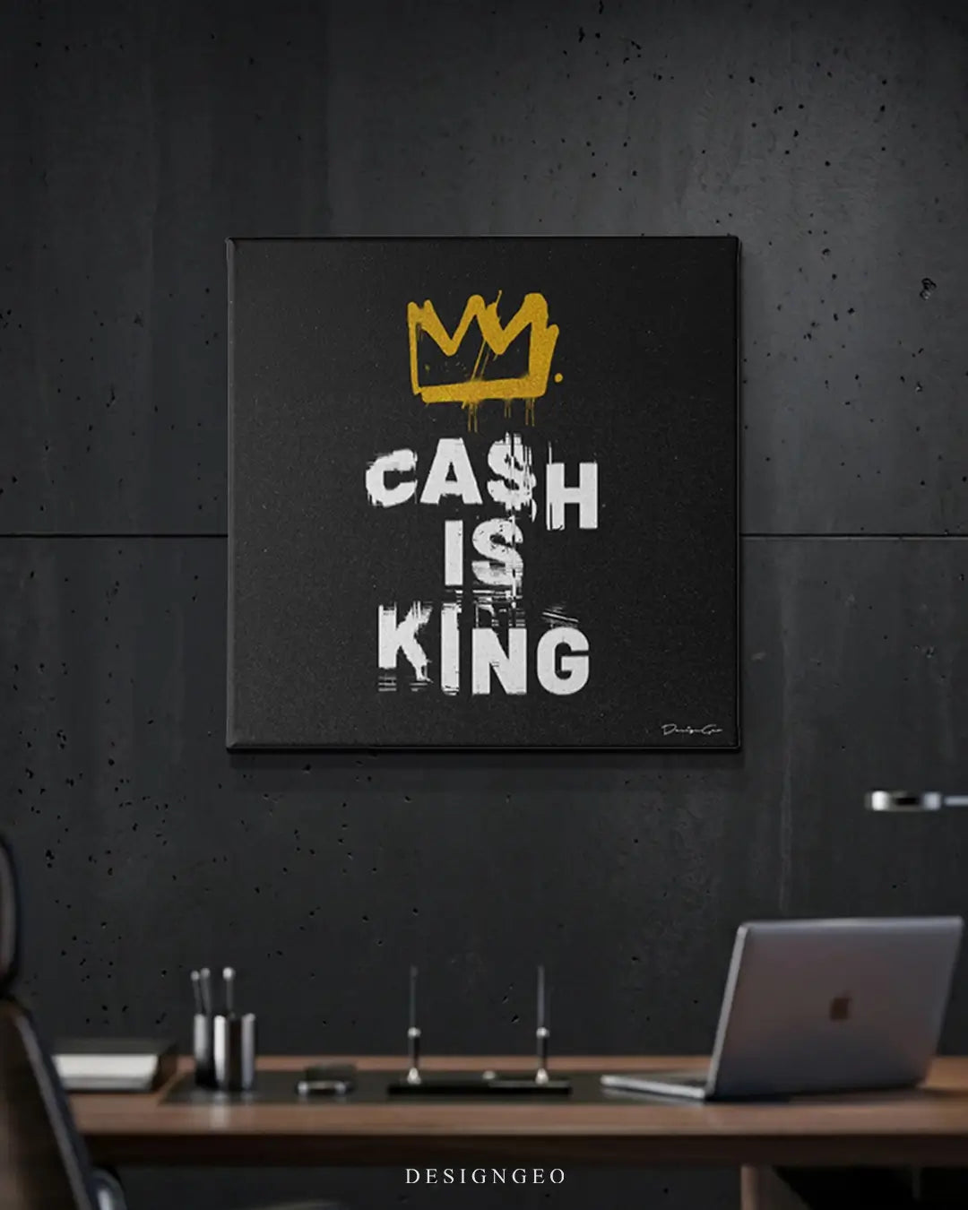 Modern office interior featuring a square canvas print of cash is king motivational canvas wall art , creating a bold artistic statement on the wall for entrepreneurs