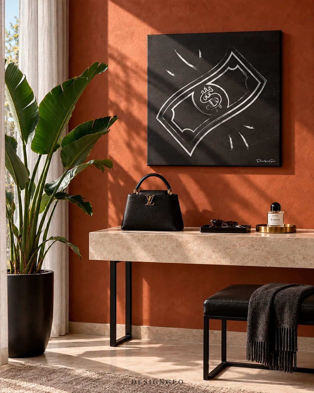 Modern luxury hallway featuring a square money canvas print of a white minimalist line art dollar bill mounted on a warm terracotta wall above a marble console table