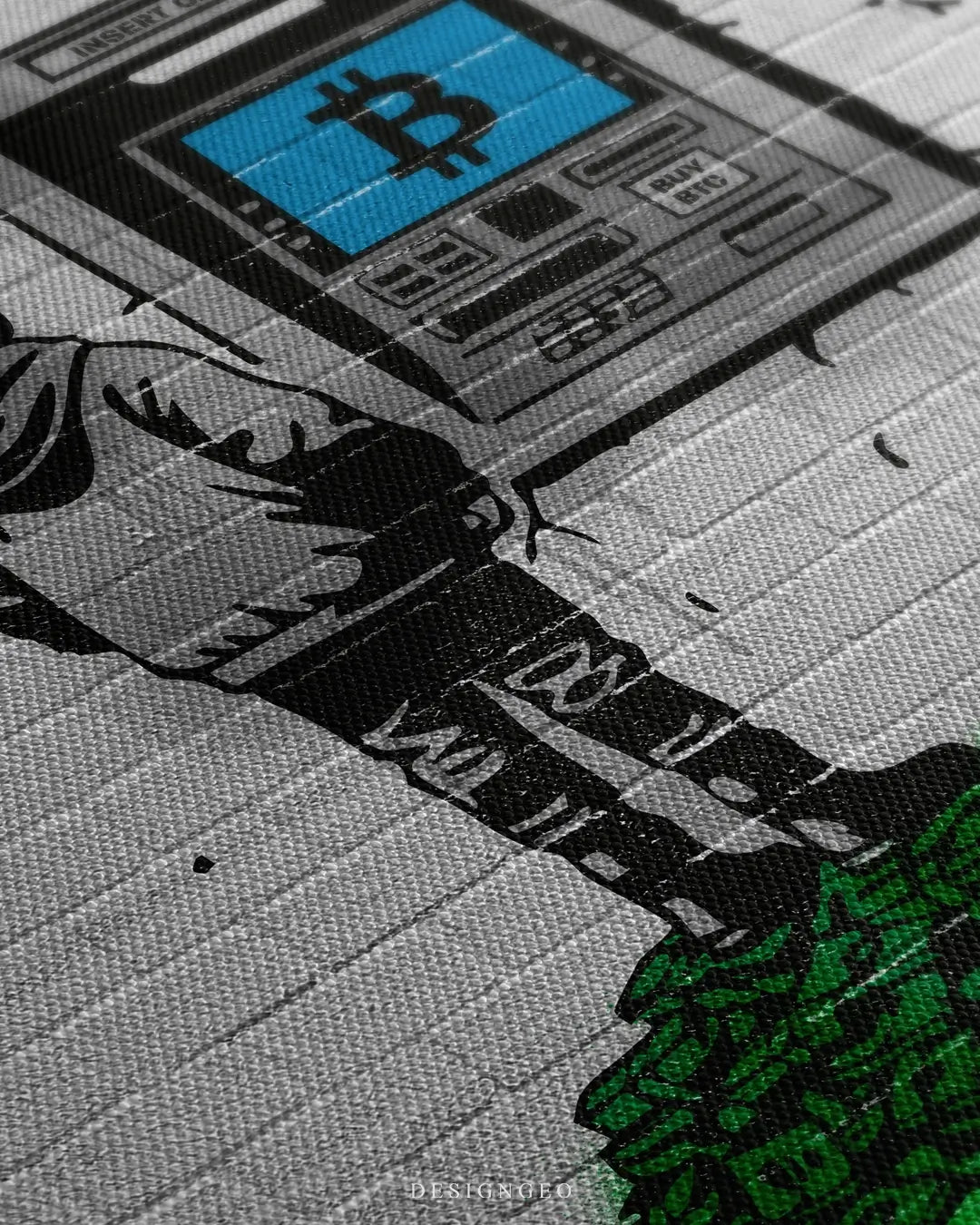 Close-up of urban stencil wall art featuring a child silhouette interacting with a Bitcoin ATM machine on a minimalist white background