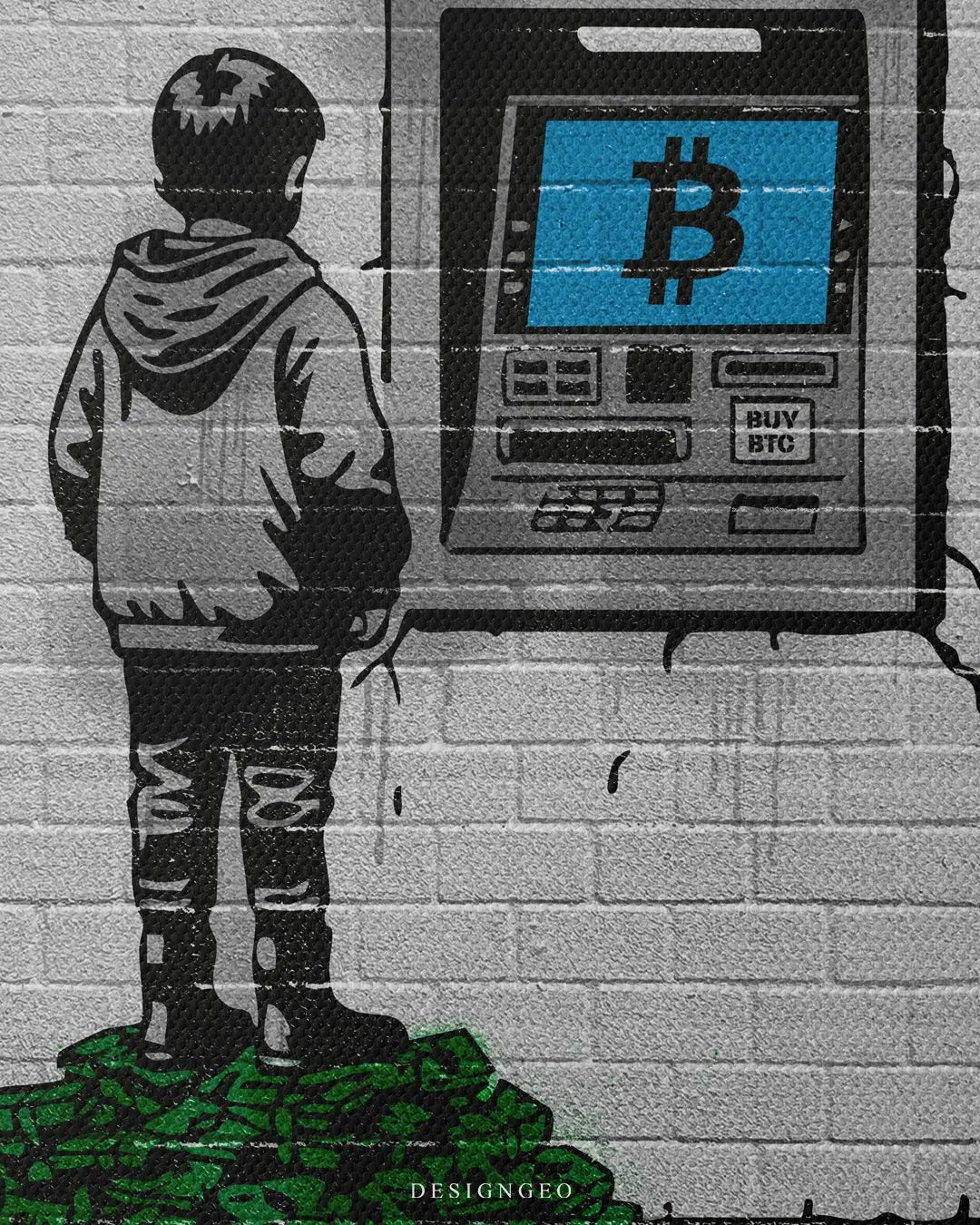 Artistic canvas illustration of a young boy using a crypto ATM, symbolizing early adoption, financial curiosity, and the shift towards digital currency