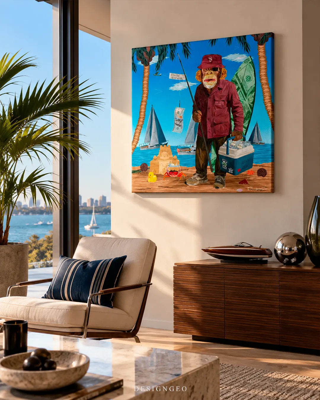 Sunlit coastal penthouse living room with ocean views featuring a square canvas print of a fisherman monkey on a tropical beach mounted on a beige wall above a wooden sideboard