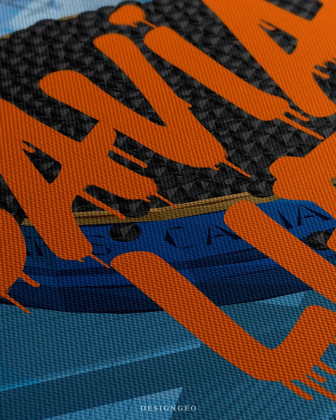 Close-up of luxury motivation art showing a realistic caviar jar with vibrant orange "Caviar Life" graffiti on a bright light blue background