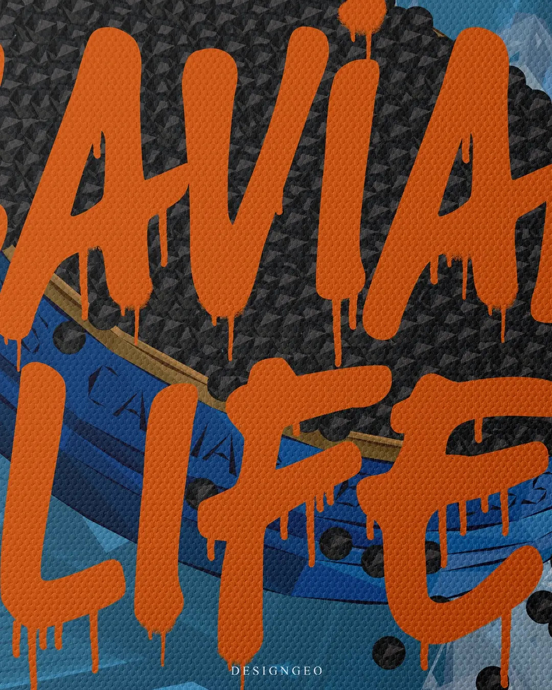 Artistic illustration on canvas of a premium caviar jar with bold orange spray paint lettering, symbolizing an abundant and high-end lifestyle