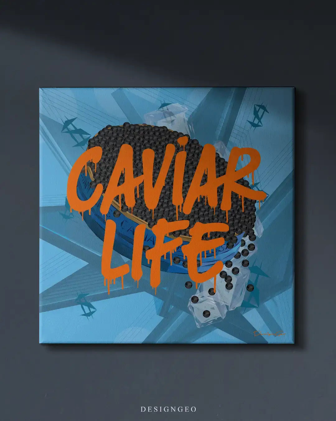 Modern kitchen interior featuring a square canvas print of a cavias life motivational quote in orange, creating a bold artistic statement on the wall