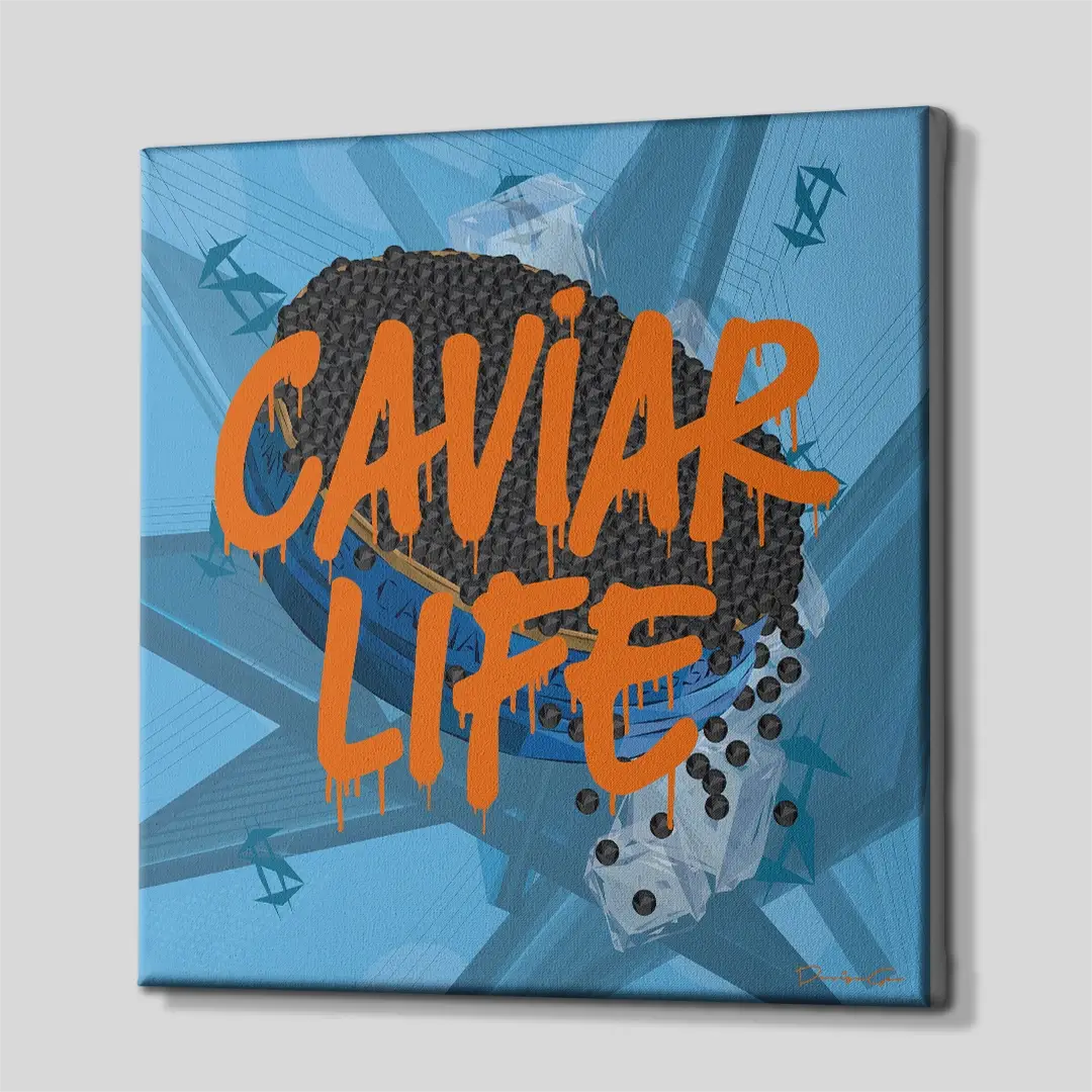 Side angle of the caviar jar and orange graffiti canvas print, highlighting the high-quality gallery wrap finish and professional 3D frame depth