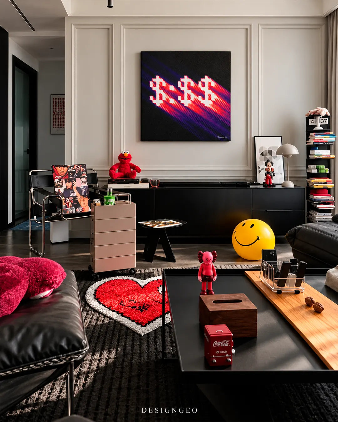 Chasing Figures pixelated dollar signs square canvas wall art displayed on a white wainscoted wall in a modern living room with pop art decor, black furniture, and red accents
