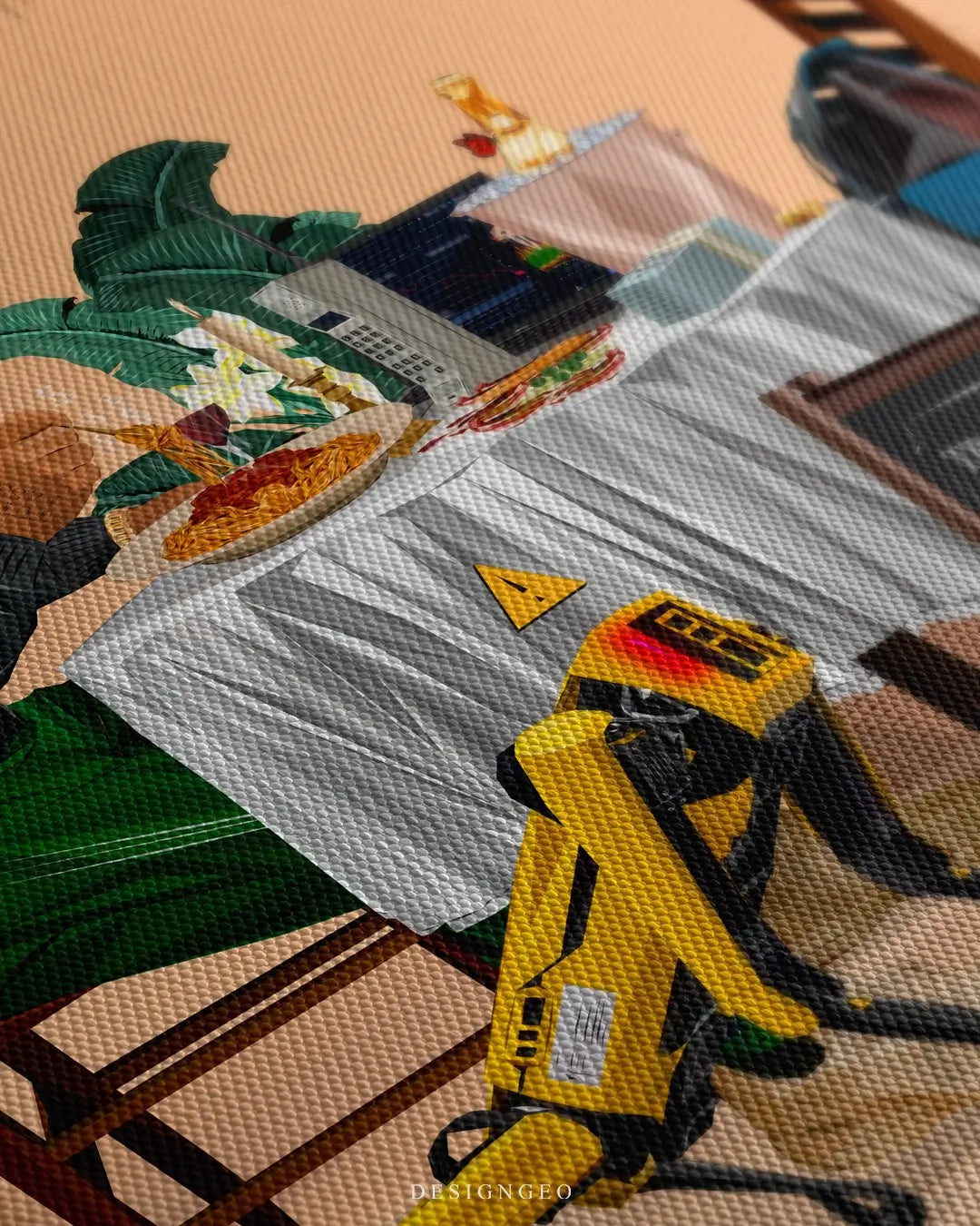 Close-up of modern luxury wall art featuring a sophisticated mobster dining with a cybernetic robot dog on a minimalist beige background