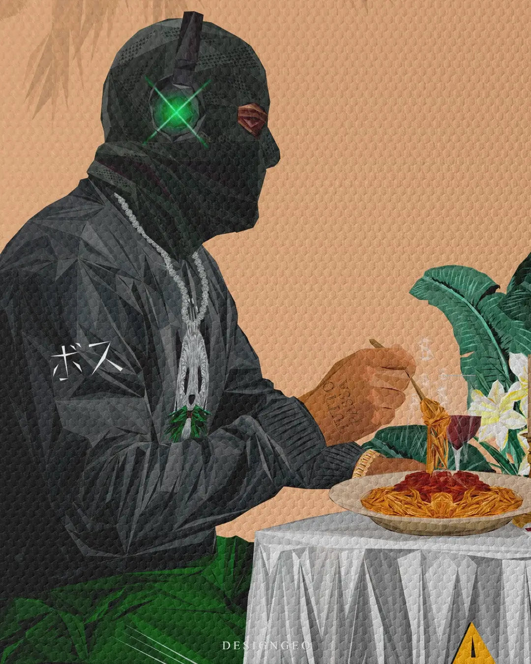 Artistic canvas illustration of a businessman in a suit sharing a meal with a robotic pet, symbolizing loyalty, high-tech success, and a futuristic wealth mindset