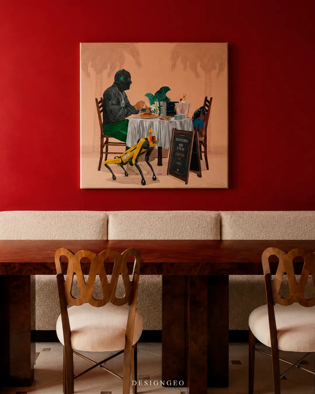 Square balaclava man dining canvas wall art mounted on a deep red feature wall above a dark polished wooden table with cream upholstered chairs
