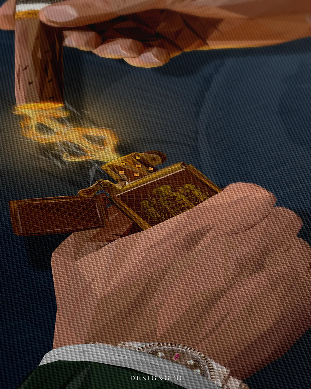 Angled extreme close-up highlighting the unique geometric low-poly art style, the woven canvas fabric texture, and the glowing dollar sign flame against the dark blue background