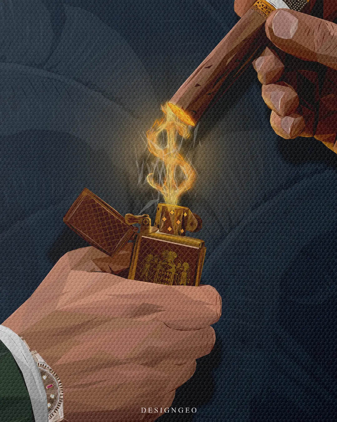 Medium shot close-up of a detailed gold lighter held by a man wearing a luxury watch, creating a glowing golden dollar sign money flame to light a cuban cigar