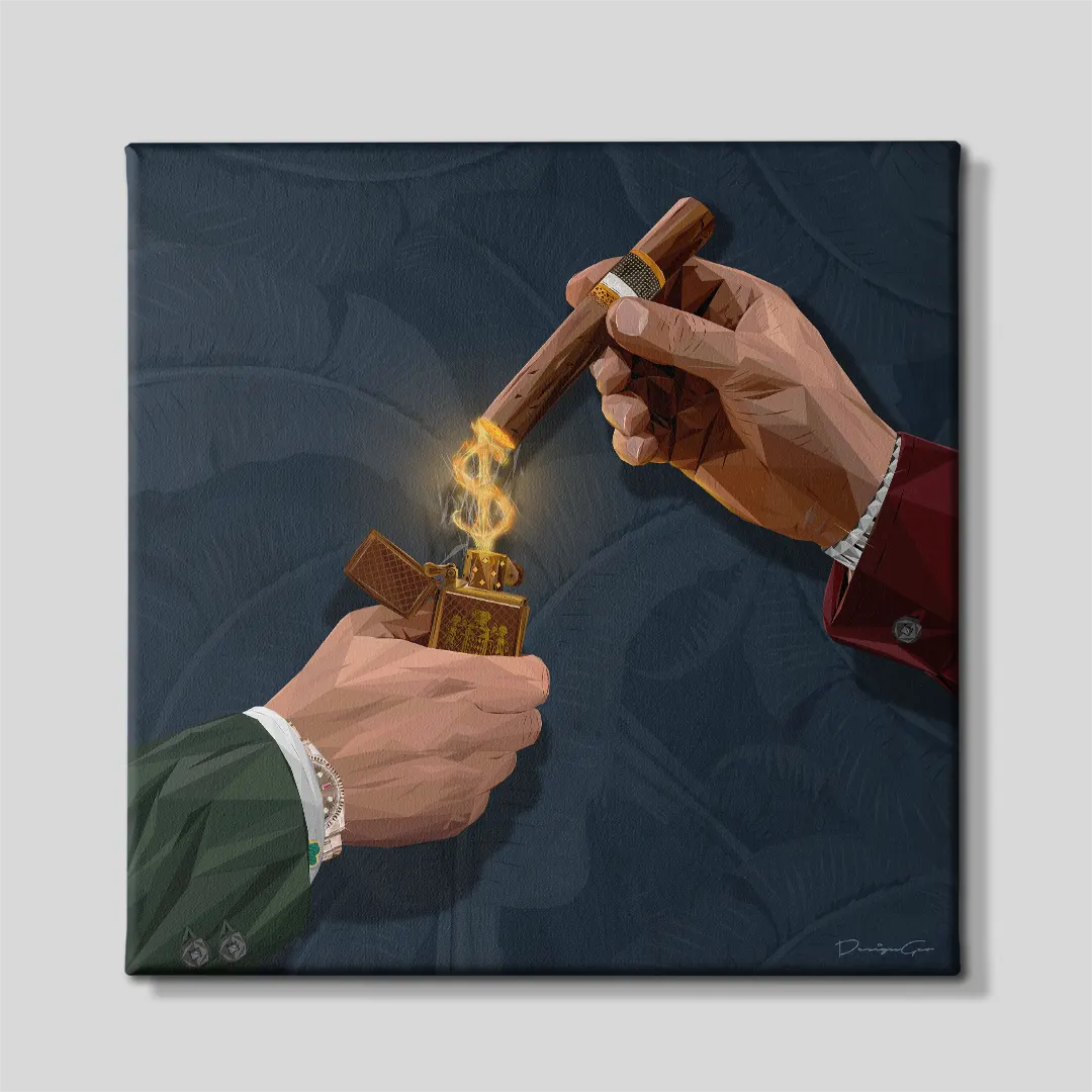 Front view of a square low-poly canvas print showing a man in a green suit with a luxury watch lighting another man's cigar with a gold lighter emitting a dollar sign money flame on a dark blue background