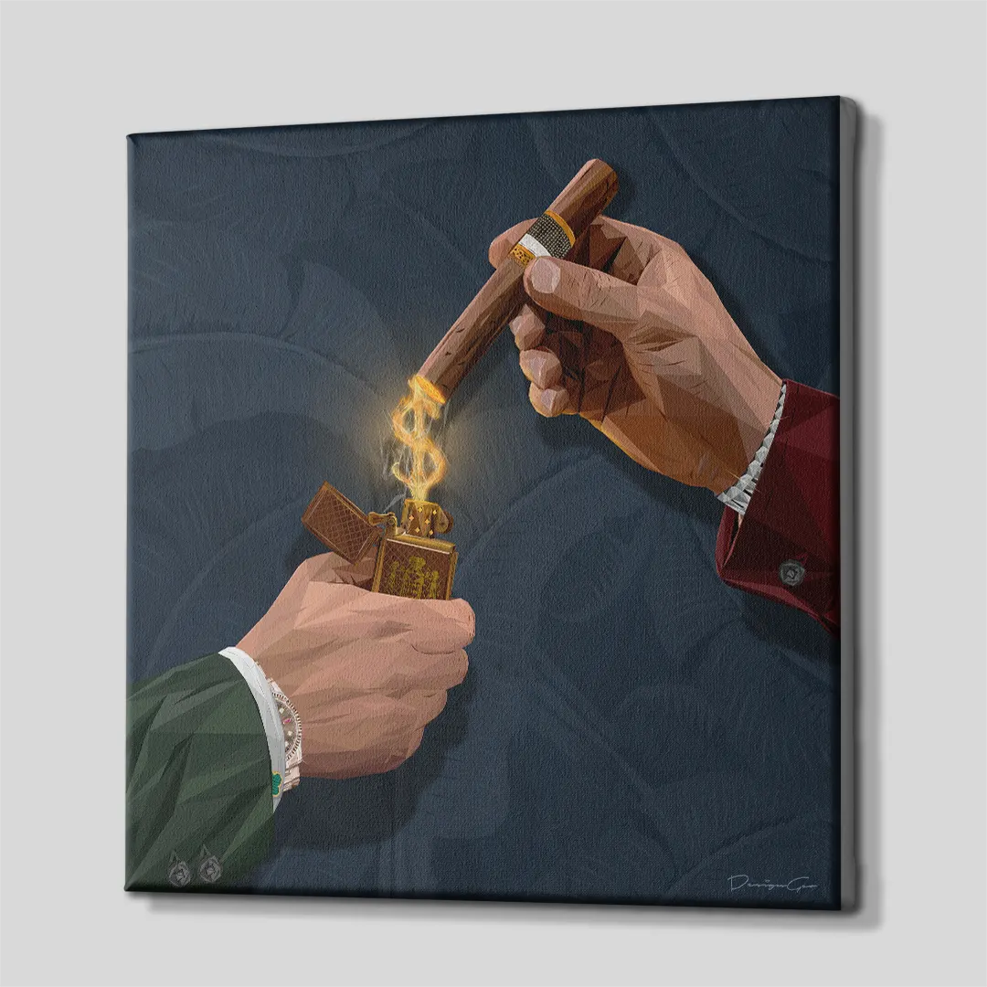 Three-quarter side angle of the gentlemen lighting cigar canvas wall art showing the 3D depth of the wooden stretcher bar and gallery-wrapped dark blue edges