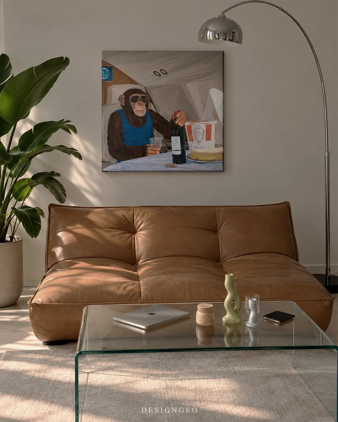 Classy chimp drinking wine in private jet pop art square canvas wall art mounted on wall in luxury living room above brown leather sofa 0.75 inch thin wrap