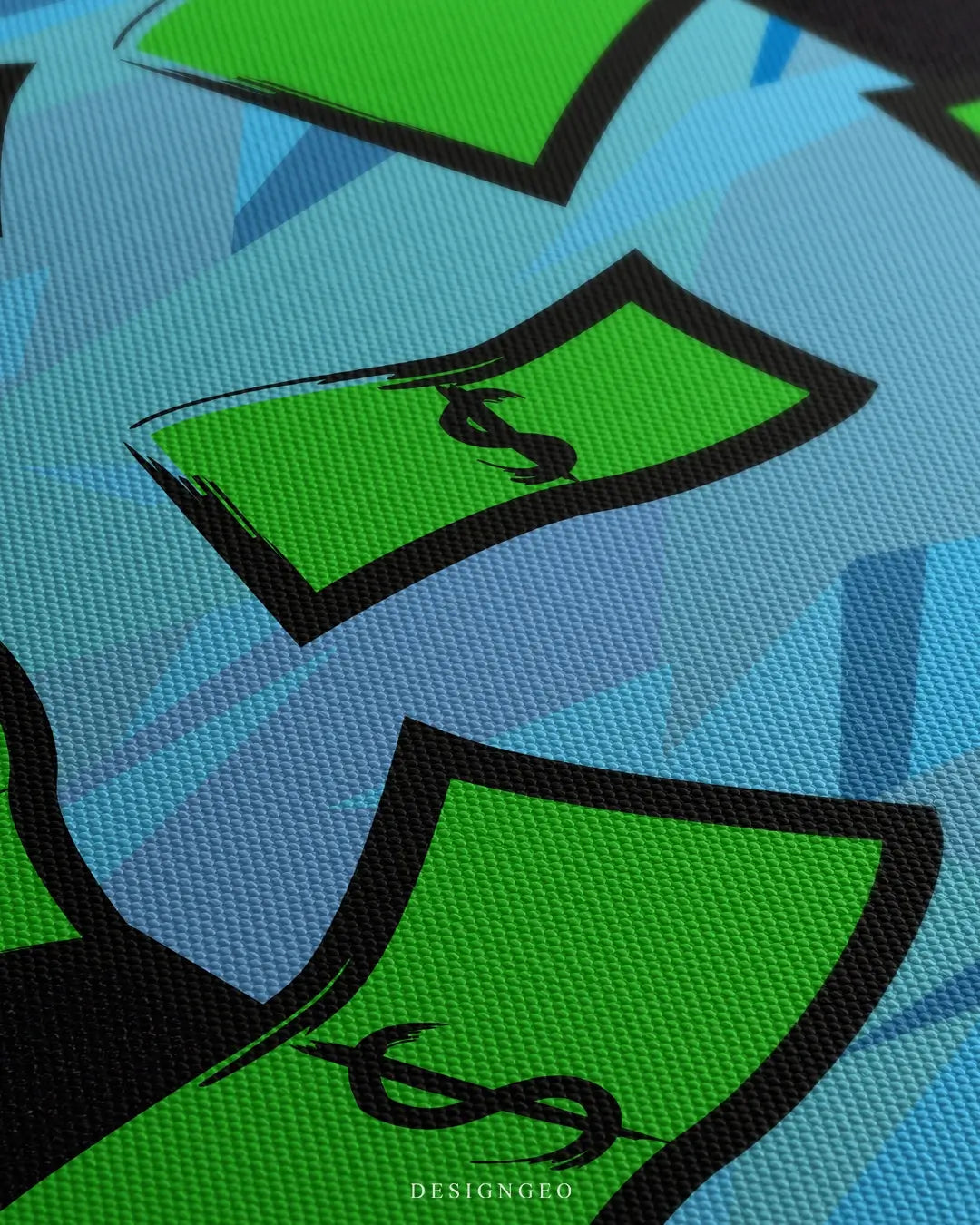 Close-up of modern money wall art featuring realistic dollar bills flying and swirling over a vibrant sky blue and emerald green background