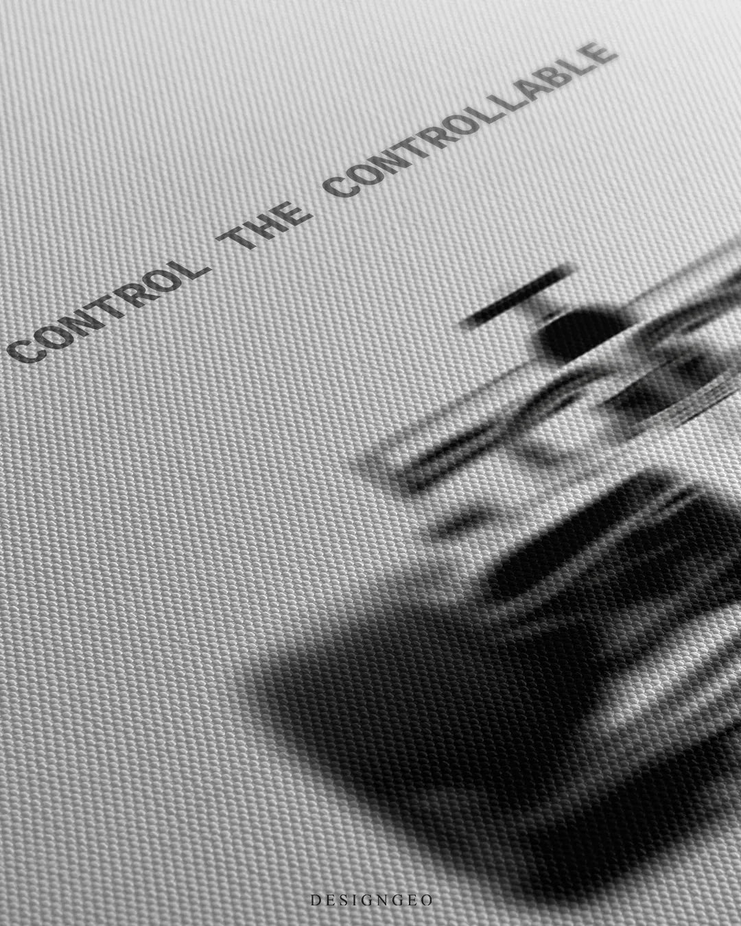 Angled detailed macro texture of fine woven white canvas print showing front view of a motion blurred Formula 1 car with Control The Controllable quote
