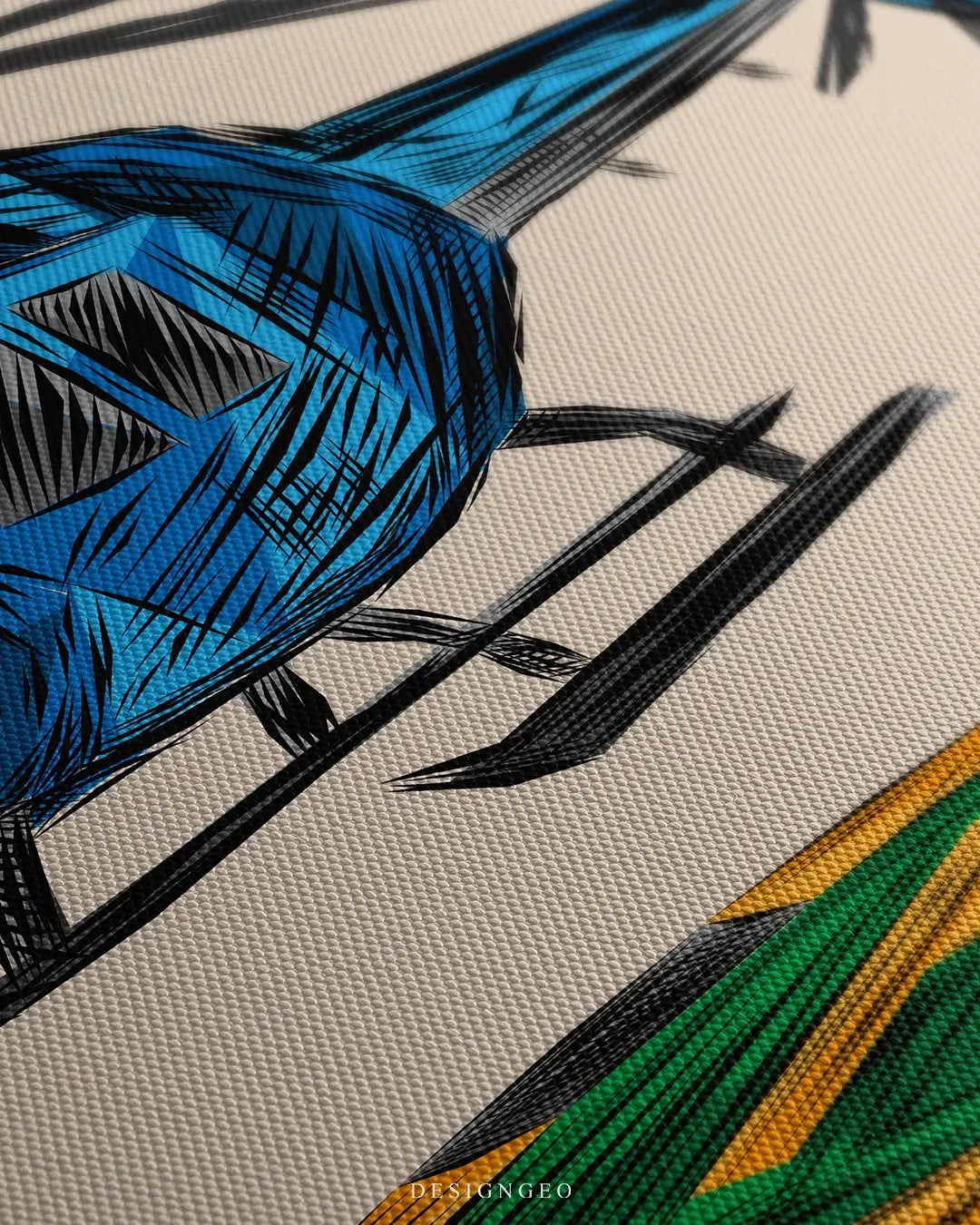 Close-up of modern luxury wall art featuring a helicopter landing on a helipad with minimalist lines on a neutral beige background
