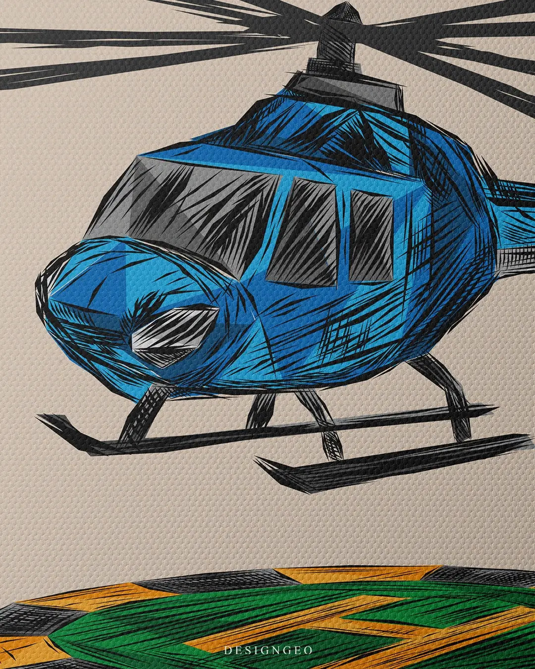Artistic canvas illustration of a private helicopter, symbolizing executive travel, global mobility, and the high-altitude mindset of successful leaders