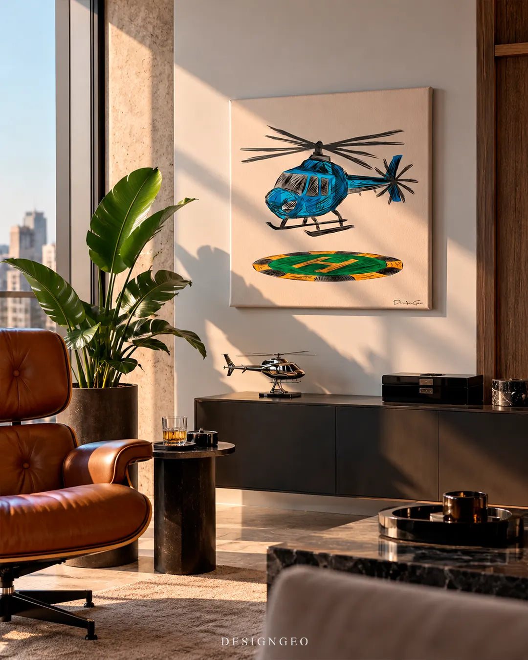 Luxury penthouse lounge featuring a square canvas print of a blue helicopter hovering over a helipad mounted on a light wall next to a cognac leather lounge chair