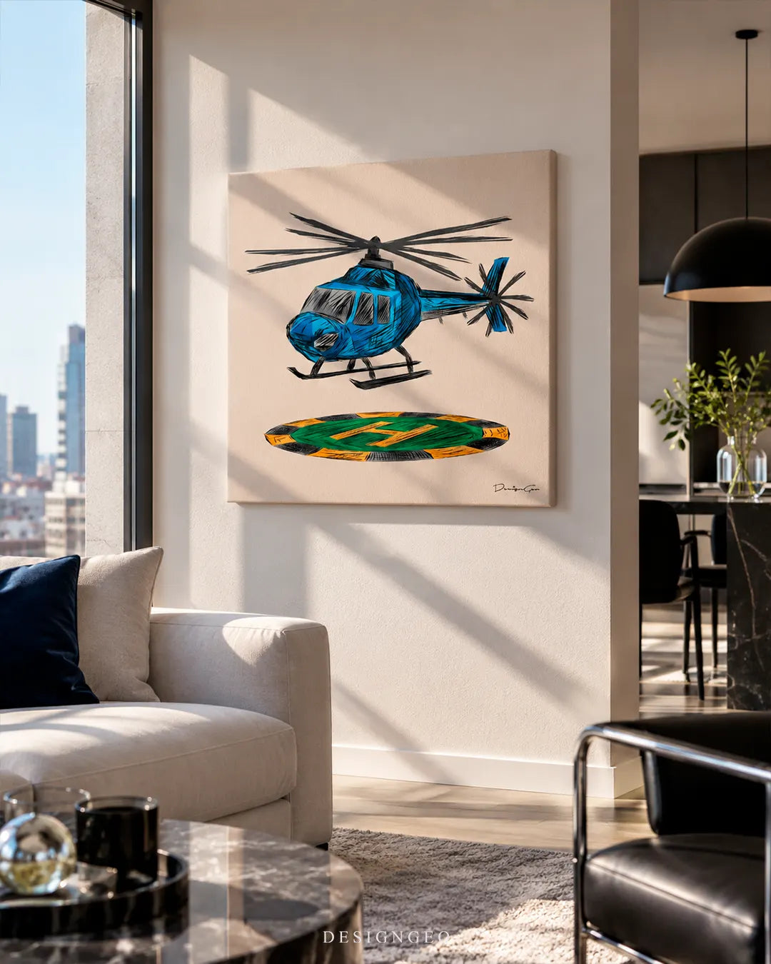 Sunlit modern living room featuring a square blue helicopter canvas wall art mounted on a beige wall above a cream sofa beside a window with city views